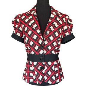 Diane Von Furstenberg Red, Black & White Geo Print Wool Blend Jacket, Size 10
